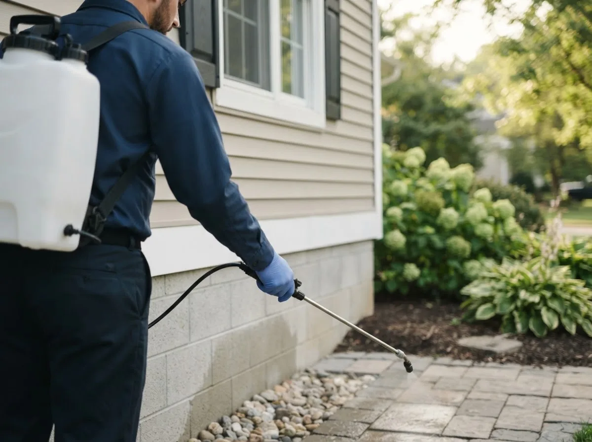 Pest control technician inspecting a home in Port Gibson, NY